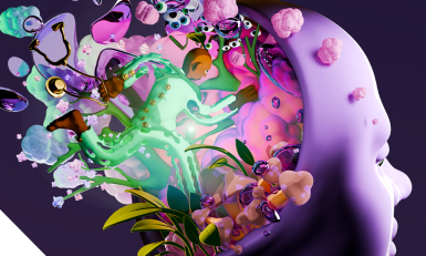 Visual van een paars hoofd met rennend groene man